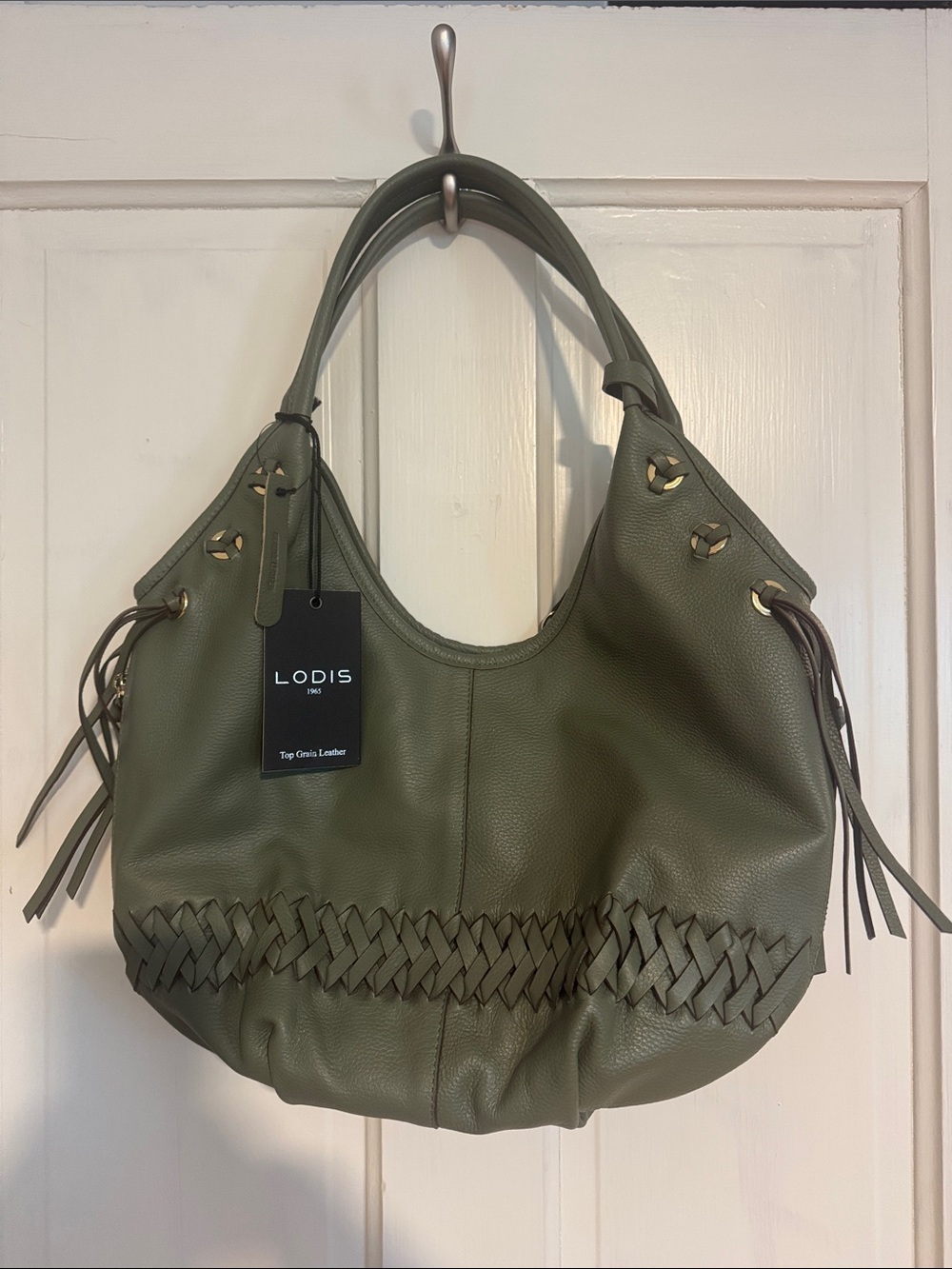 Lodis Olive Green Braided Leather Shoulder Bag